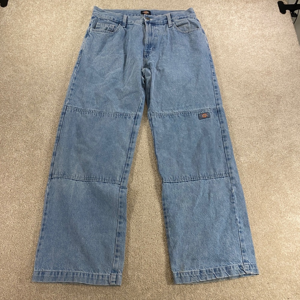 Dickies Double Knee Work Jeans Mens 32x32 Light Wash Blue Loose Fit Mid Rise